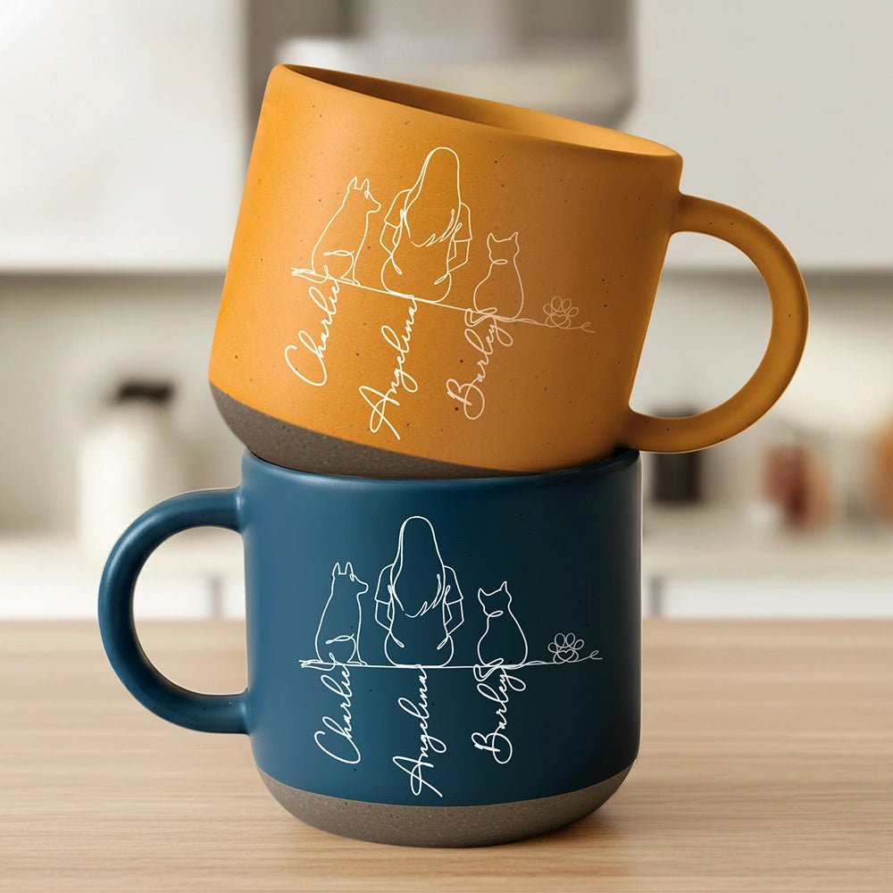 Pet Lovers,Pet Mom,Pet Dad,Pet Couple,Dog Lovers,Dog Mom,Dog Dad,Dog Couple,Cat Lovers,Cat Mom,Cat Dad,Cat Couple,Happy - Woman Man Sitting With Dogs Cats Line Art - Personalized Pottery Mug