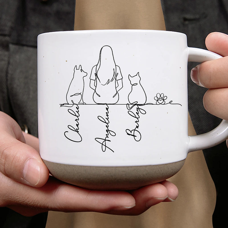 Pet Lovers,Pet Mom,Pet Dad,Pet Couple,Dog Lovers,Dog Mom,Dog Dad,Dog Couple,Cat Lovers,Cat Mom,Cat Dad,Cat Couple,Happy - Woman Man Sitting With Dogs Cats Line Art - Personalized Pottery Mug