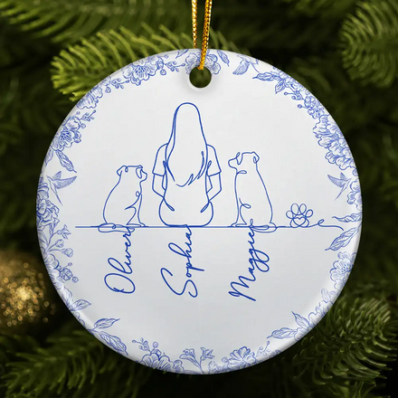 Woman Sitting With Pets Line Art - Personalized Circle Ceramic Ornament