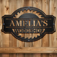 Gift For Men, Gift For Father, Happy, Gift For Grandpa, Dad's Hobby - Woodshop Sign Workshop Cabin Garage - Personalized Cutout Metal Sign