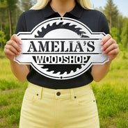 Gift For Men, Gift For Father, Happy, Gift For Grandpa, Dad's Hobby - Woodshop Sign Workshop Cabin Garage - Personalized Cutout Metal Sign