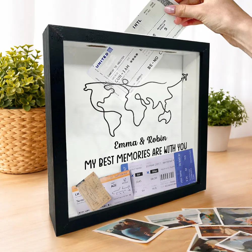 Gift For Husband, Gift For Wife, Gift For Boyfriend, Gift For Girlfriend, Travel, Happy, Gift For Couples - World Map Line Travel Best Memories Are With You - Personalized Ticket Memory Box