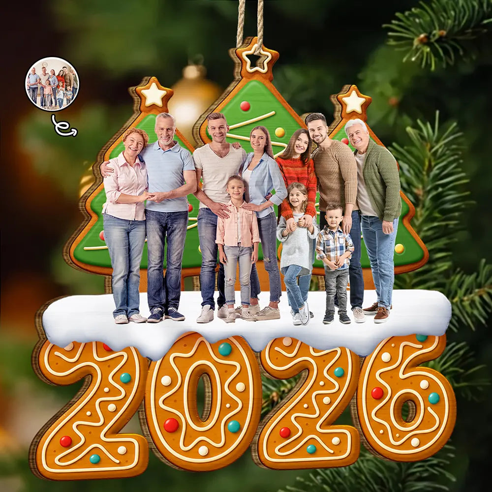 Custom Photo Christmas Family Gingerbread 3D Effect - Personalized Custom Shaped Wooden Ornament