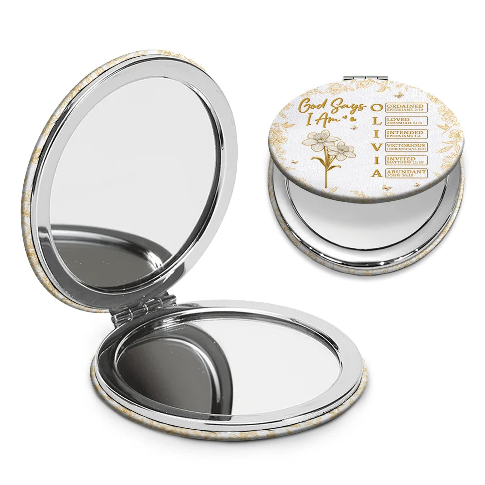 Gift For Yourself,Gift For Women,Happy,Gift For Men - God Says I Am Birth Flower 3D Effect Name Letter In Bible - Personalized Circle Compact Mirror