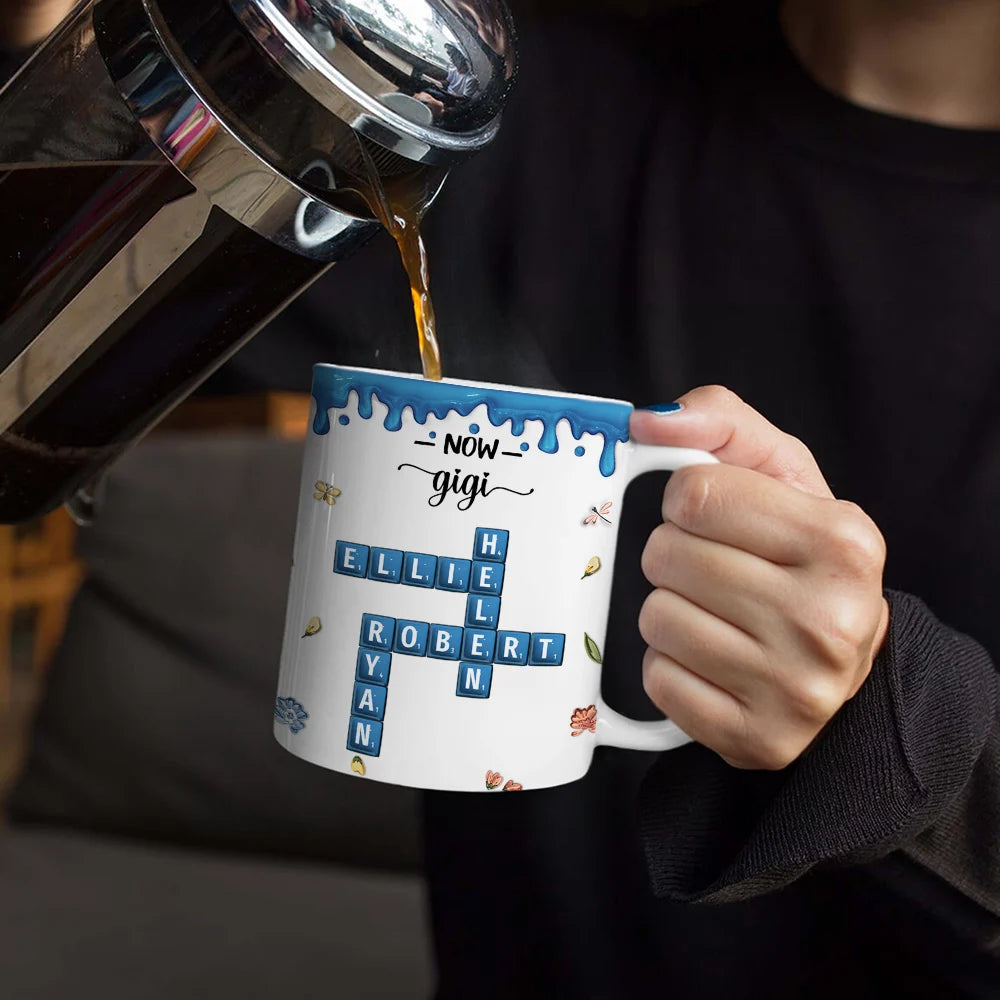 Family,Gift For Mother,Gift For Wife,Gift For Women,Happy,Gift For Grandma - Crossword Scrabble Name First Mom Now Grandma 3D Inflated Effect - Personalized White Edge-to-Edge Mug