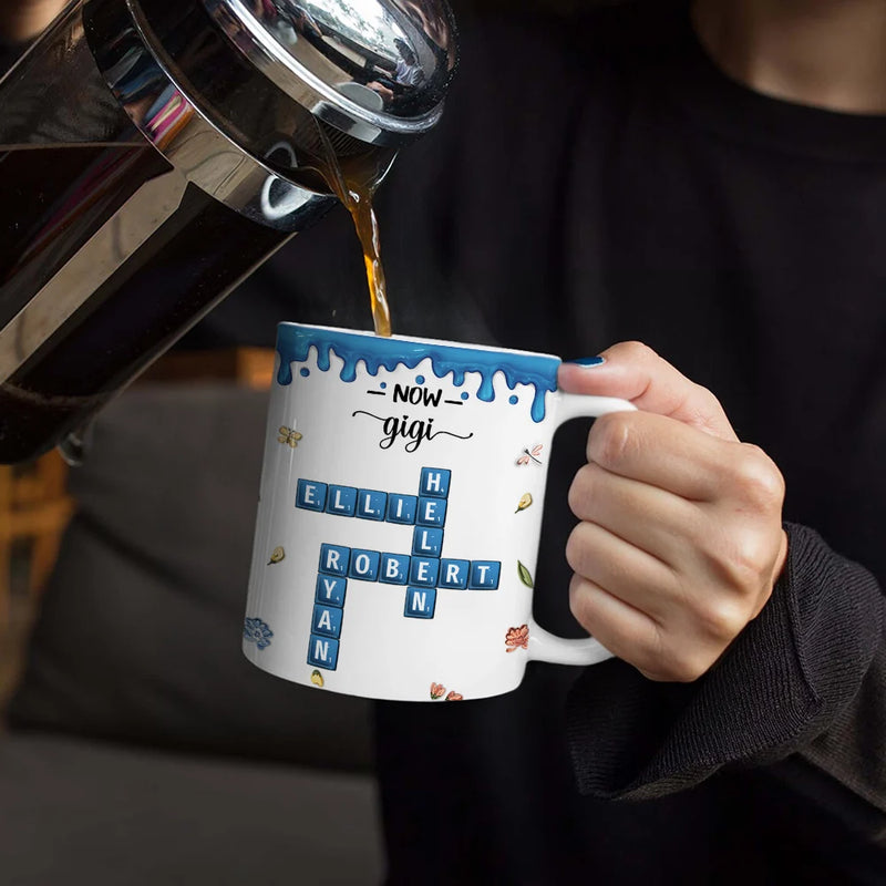 Family,Gift For Mother,Gift For Wife,Gift For Women,Happy,Gift For Grandma - Crossword Scrabble Name First Mom Now Grandma 3D Inflated Effect - Personalized White Edge-to-Edge Mug