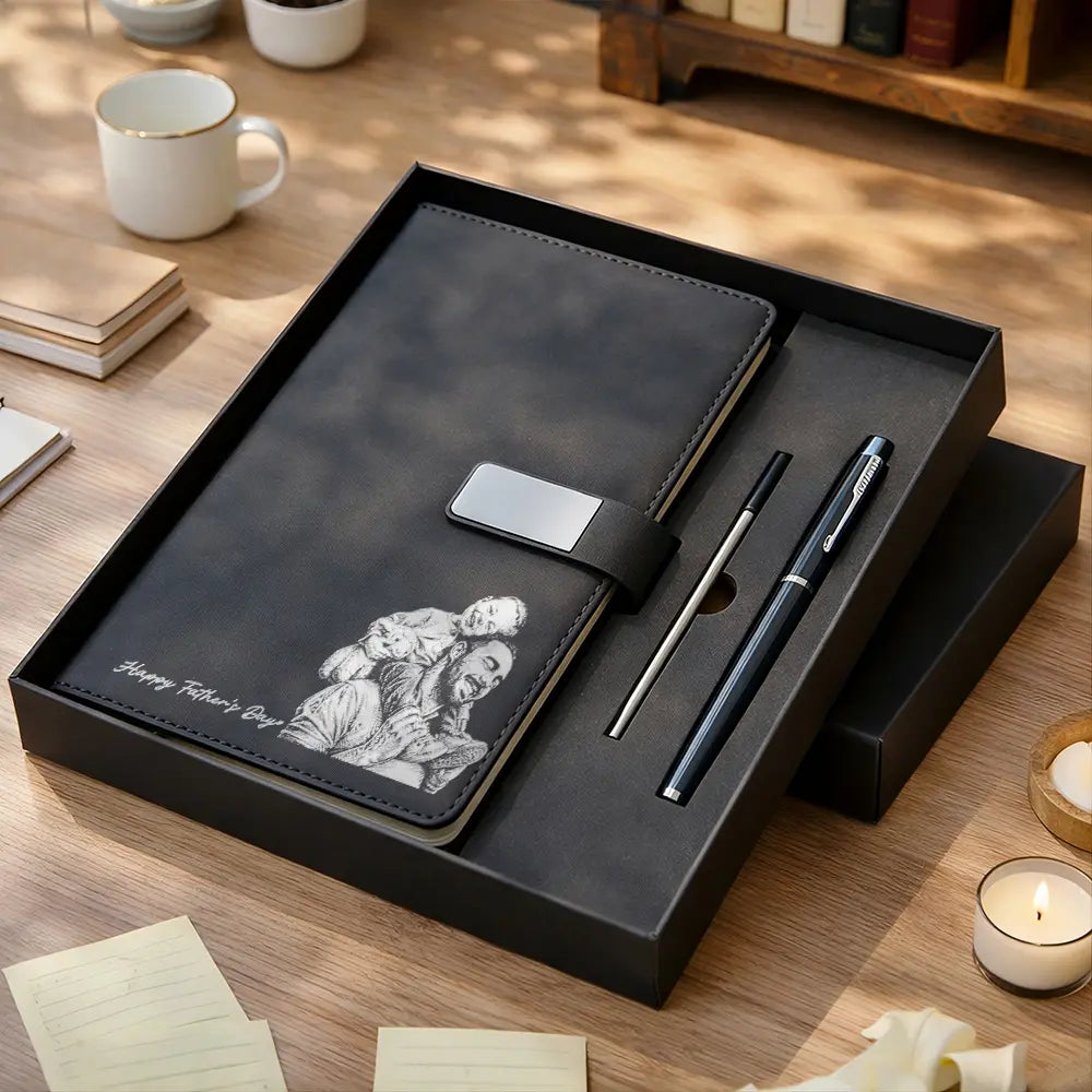 Gift For Father,Gift For Grandpa,Non-Eng,Photo - Pencil Sketch (Bold),Proud - Custom Photo Bold Sketch Best Dad Grandpa Ever Family Portrait - Personalized Leather Notebook Set
