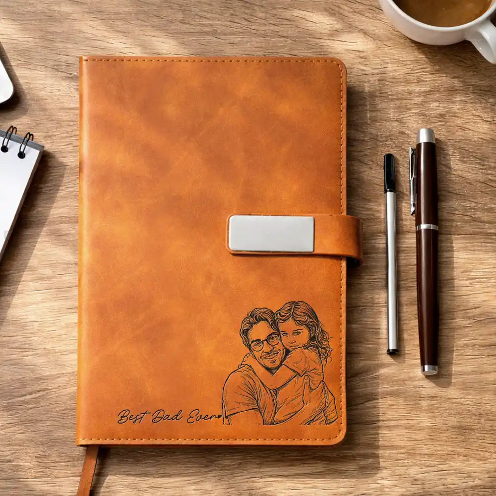 Gift For Father,Gift For Grandpa,Non-Eng,Photo - Pencil Sketch (Bold),Proud - Custom Photo Bold Sketch Best Dad Grandpa Ever Family Portrait - Personalized Leather Notebook Set