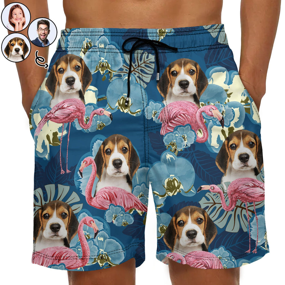Custom Photo Funny Family Pet Face Flamingo - Funny Gift For Pet Lovers, Dog Mom, Cat Mom, Dog Dad, Cat Dad - Personalized Unisex Beach Shorts