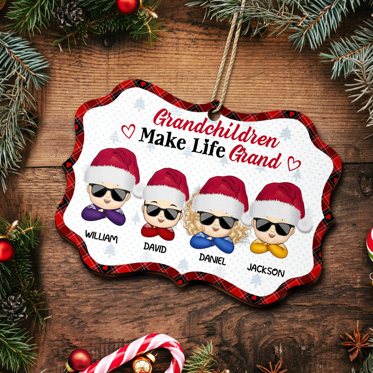 Grandchildren Make Life Grand - Christmas, Loving Gift For Grandpa, Grandma, Grandparents - Personalized Medallion Wooden Ornament