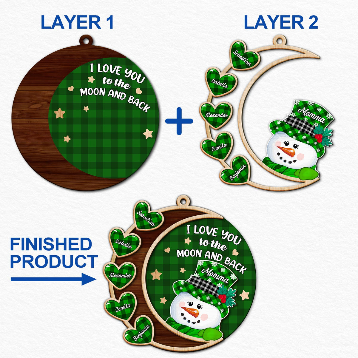 Love You To The Moon And Back Snowman - Christmas, Loving Gift For Grandpa, Grandma, Grandparents - Personalized 2-Layered Wooden Ornament
