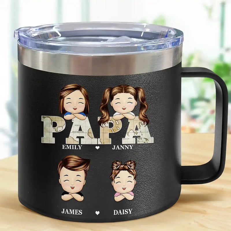 Vintage Map Papa Daddy Grandpa - Personalized 14oz Stainless Steel Tumbler With Handle