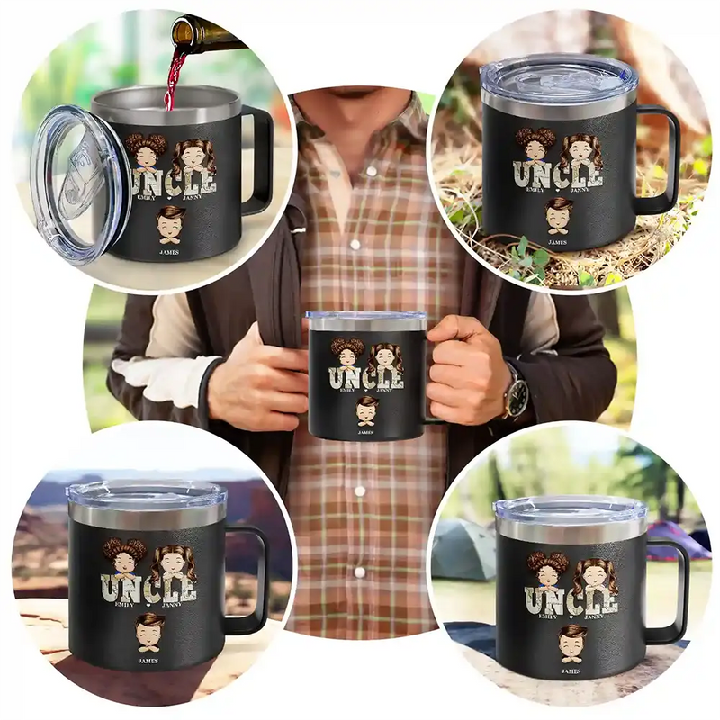 Vintage Map Papa Daddy Grandpa - Personalized 14oz Stainless Steel Tumbler With Handle