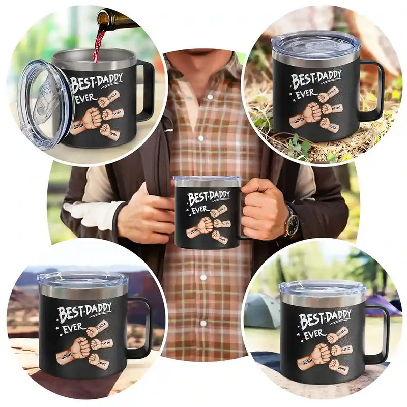 Best Dad Grandpa Ever Fist Bump - Personalized 14oz Stainless Steel Tumbler With Handle