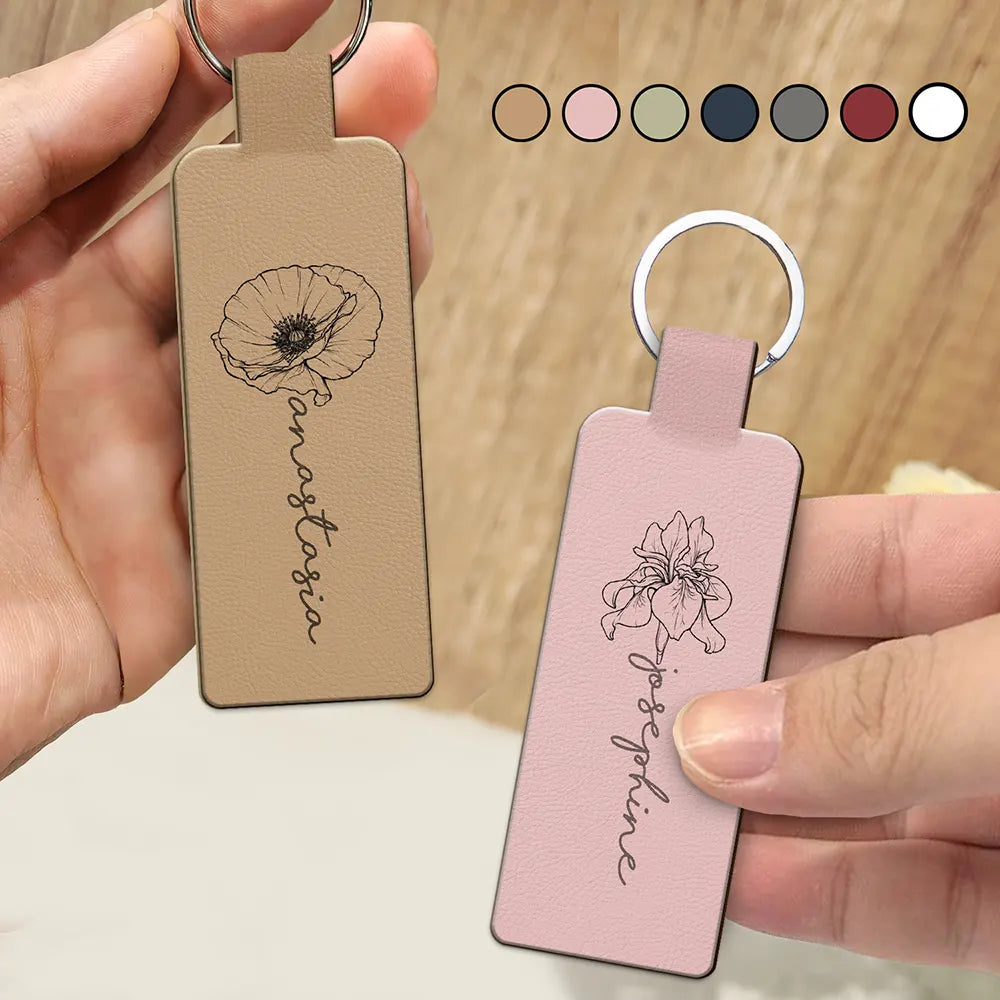 Birth Month Flowers Sketch Bloom Where You're Planted - Personalized Custom Shaped Leather Keychain