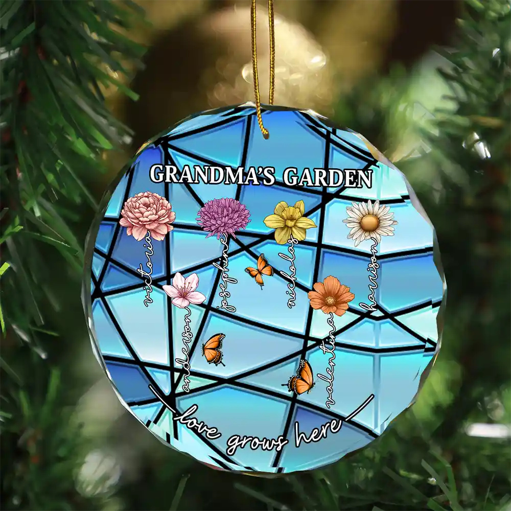 Grandma's Garden Birth Month Flowers - Personalized Circle Glass Ornament