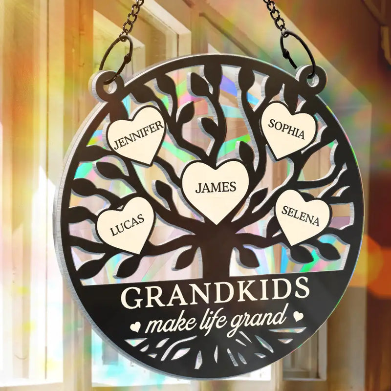 Tree Of Heart Grandkids Make Life Grand - Personalized Window Hanging Rainbow Suncatcher