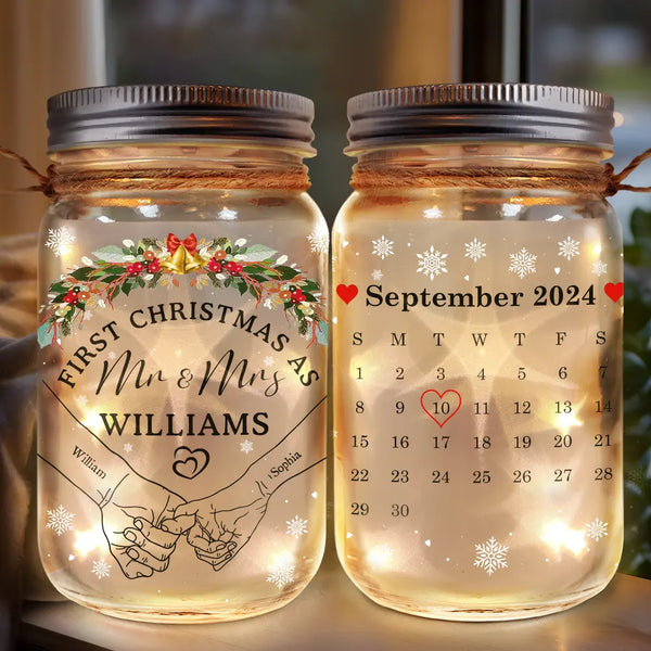 Holding Hands First Christmas Couple - Personalized Mason Jar Light