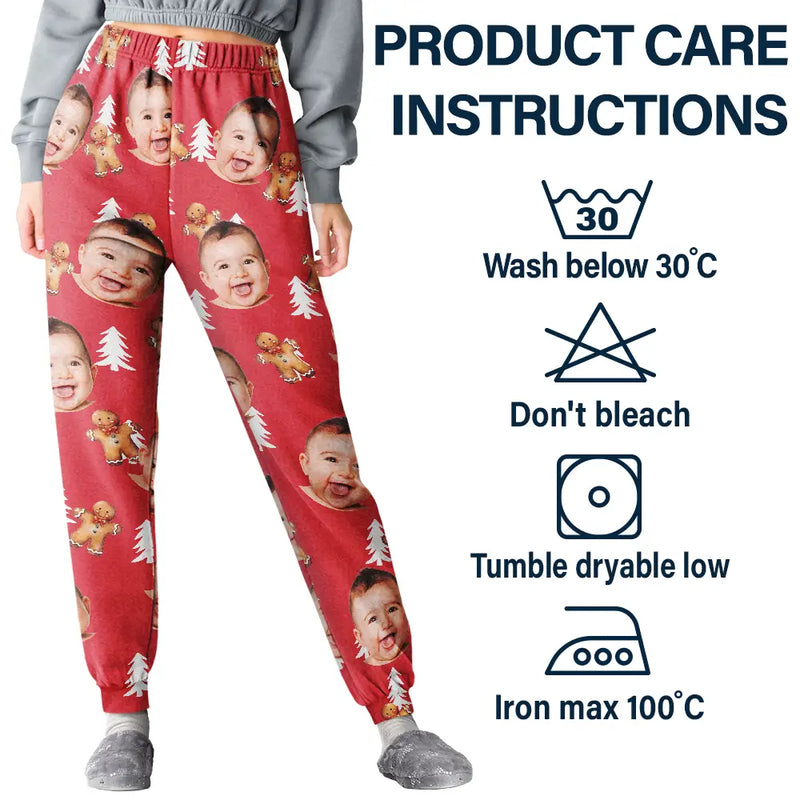Gift For Mother - Custom Photo Human Pets Face Gingerbread Pattern - Personalized Pajama Pants