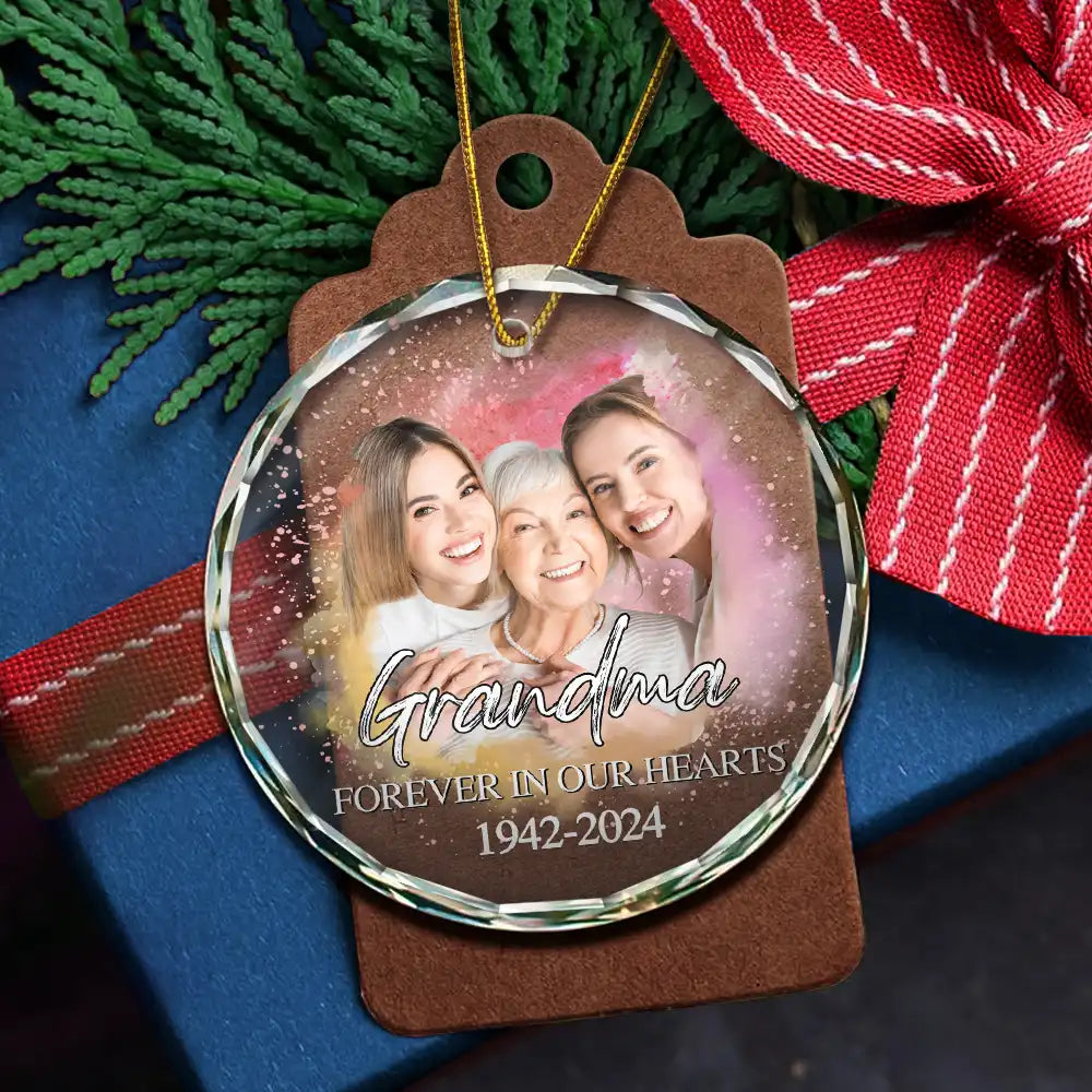 Memorial, Gift For Grandma, Gift For Grandpa, Gift For Grandparents, Parents -Custom Photo Memorial Forever Our My Hearts - Personalized Circle Glass Ornament