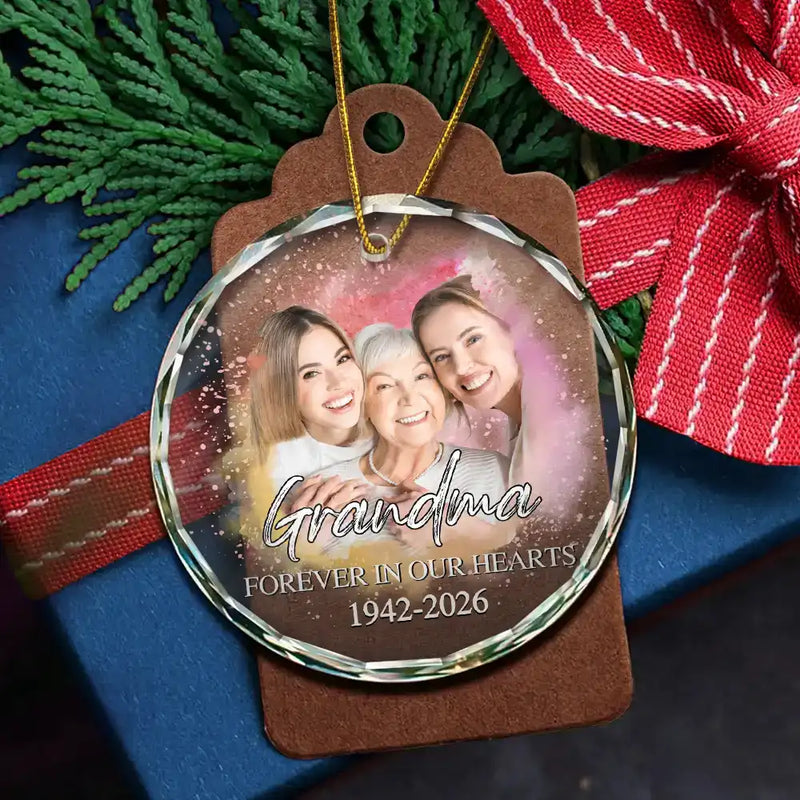 Custom Photo Memorial Forever Our My Hearts - Personalized Circle Glass Ornament