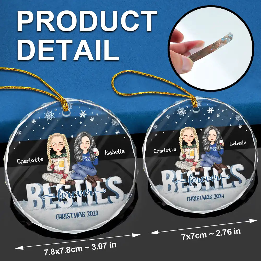 Gift For Bestie - Besties Forever Christmas Sisters Cartoon - Personalized Circle Glass Ornament