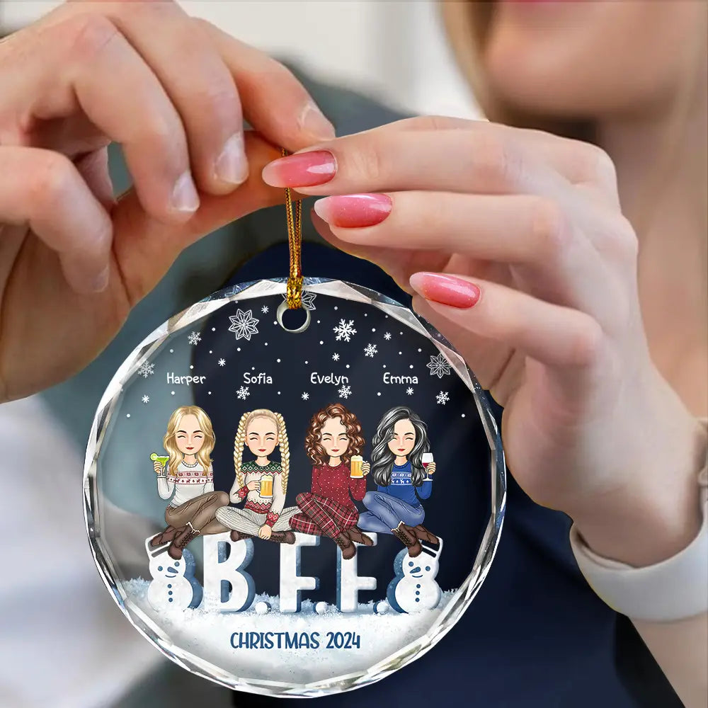 Besties Forever Christmas Sisters Cartoon - Personalized Circle Glass Ornament