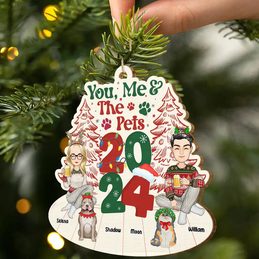 Gift For Couples,Pet Lovers,Dog Lovers,Cat Lovers,Pet Couple,Dog Couple,Cat Couple - You, Me & The Fur Babies - Personalized Wooden Cutout Ornament
