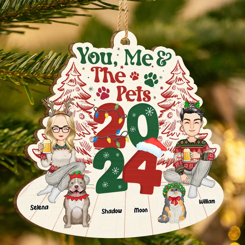 Gift For Couples,Pet Lovers,Dog Lovers,Cat Lovers,Pet Couple,Dog Couple,Cat Couple - You, Me & The Fur Babies - Personalized Wooden Cutout Ornament