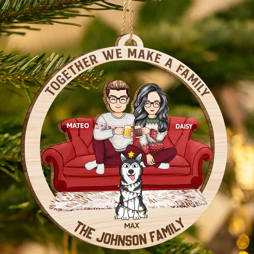 Gift For Couples, Happy, Family, Pet Lovers - Cartoon Couple With Kids And Pets - Personalized Wooden Cutout Ornament
