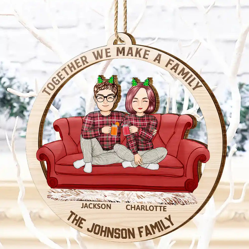 Gift For Couples, Happy, Family, Pet Lovers - Cartoon Couple With Kids And Pets - Personalized Wooden Cutout Ornament
