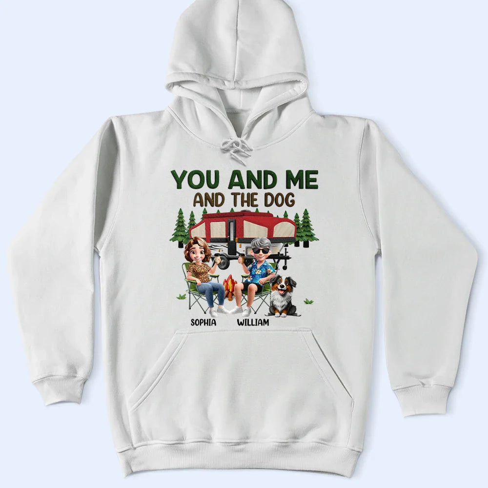 Camping, Campsite, Couple's Hobby, Happy, Gift For Couples, Dog Couple, Dog Lovers - You And Me And The Dogs Camping Cartoon - Personalized T Shirt