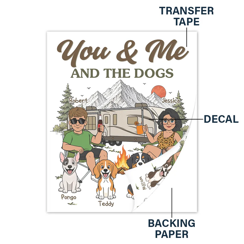 Dog Couple,Playful,Camping,Dog Lovers,Pet Lovers,Gift For Couples,Vector - You And Me And The Dogs Camping Couple - Personalized Decor Decal