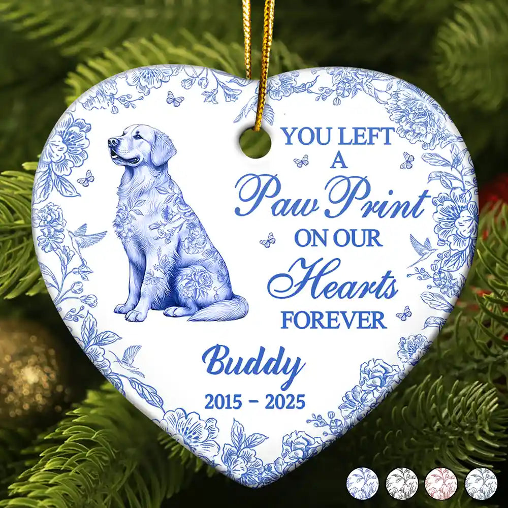 Sad, Memorial, Dog Lovers, Pet Lovers, Cat Lovers, Christmas - You Left A Paw Print On Our Hearts Memorial Dog Cat - Personalized Heart Ceramic Ornament