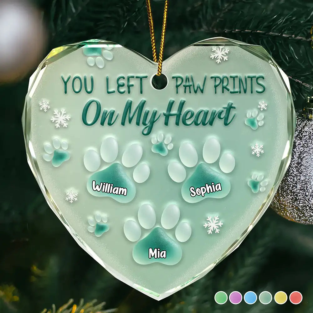 You Left Paw Prints On My Heart - Personalized Heart Shaped Glass Ornament