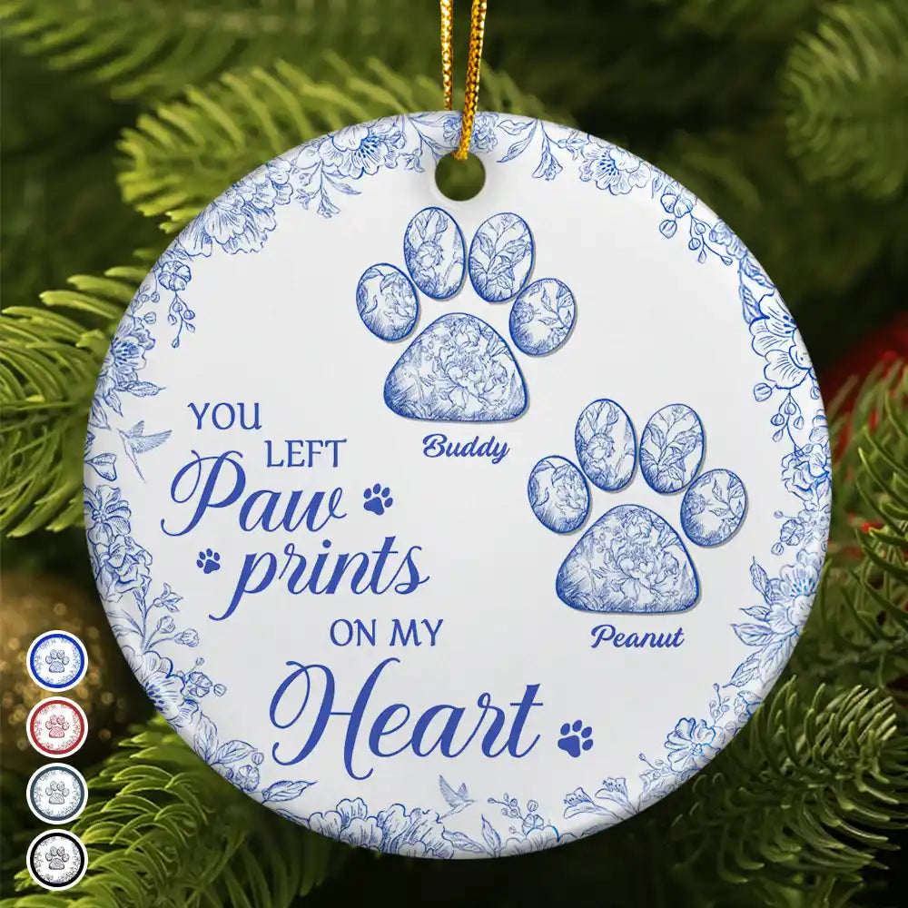 Pet Lovers,Pet Mom,Pet Dad,Dog Lovers,Dog Mom,Dog Dad,Cat Lovers,Cat Mom,Cat Dad,Memorial,Christmas,Sad,Gift For Women,Gift For Men,Custom Photo - You Left Paw Prints On My Heart Memorial - Personalized Circle Ceramic Ornament