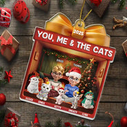 Happy,Gift For Couples,Pet Lovers,Christmas,Cat Couple,Cat Lovers - You Me And The Cat Christmas Box - Personalized Custom Shaped Acrylic Ornament