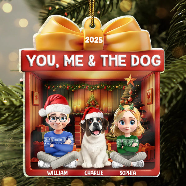 Happy,Dog Couple,Gift For Couples,Pet Lovers,Dog Lovers,Christmas - You Me And The Dog Christmas Box - Personalized Custom Shaped Acrylic Ornament