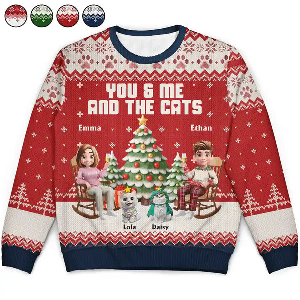 Christmas, Cat Lovers, Cat Couple, Happy - You & Me And The Cat 3D Effect Couple - Personalized Unisex Ugly Sweater
