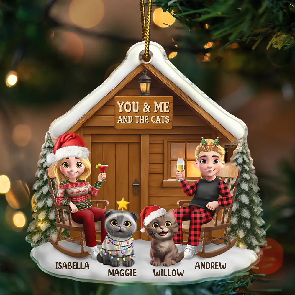 Pet Couple,Cat Couple,Cat Lovers,Pet Lovers,Christmas,Happy - You & Me And The Cat 3D Effect Couple - Personalized Custom Shaped Acrylic Ornament