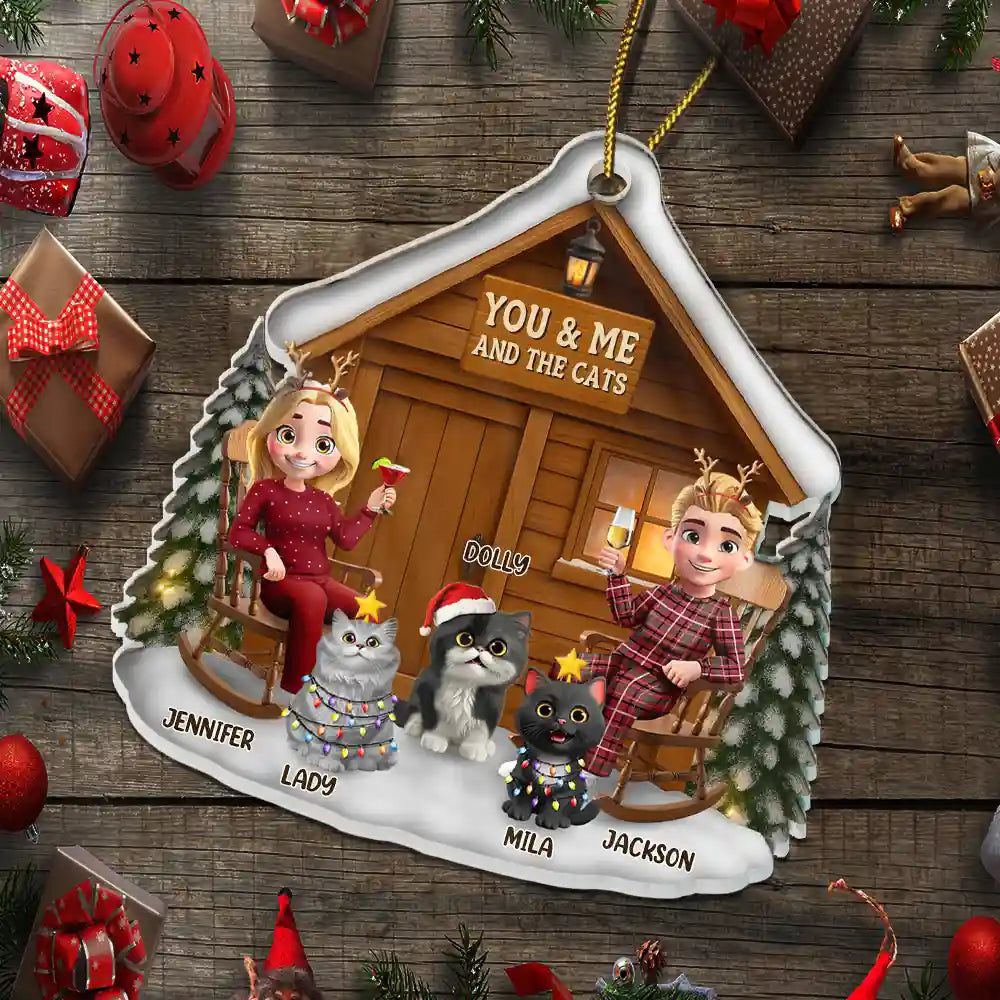 Pet Couple,Cat Couple,Cat Lovers,Pet Lovers,Christmas,Happy - You & Me And The Cat 3D Effect Couple - Personalized Custom Shaped Acrylic Ornament