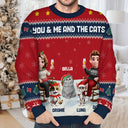 Gift For Couples,Gift For Husband,Gift For Wife,Gift For Boyfriend,Gift For Girlfriend,Pet Lovers,Pet Couple,Cat Lovers,Cat Couple,Christmas,Happy - You & Me And The Cat Happy 3D Effect Couple - Personalized Unisex Ugly Sweater