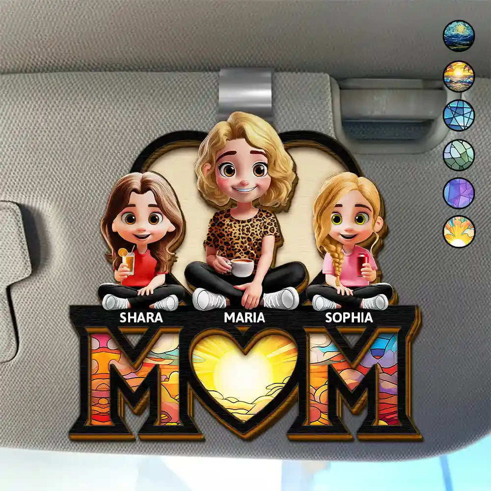 Young Mother Daughter Son We Love You Mom 3D Cartoon - Personalized Custom Shaped Car Visor Clip
