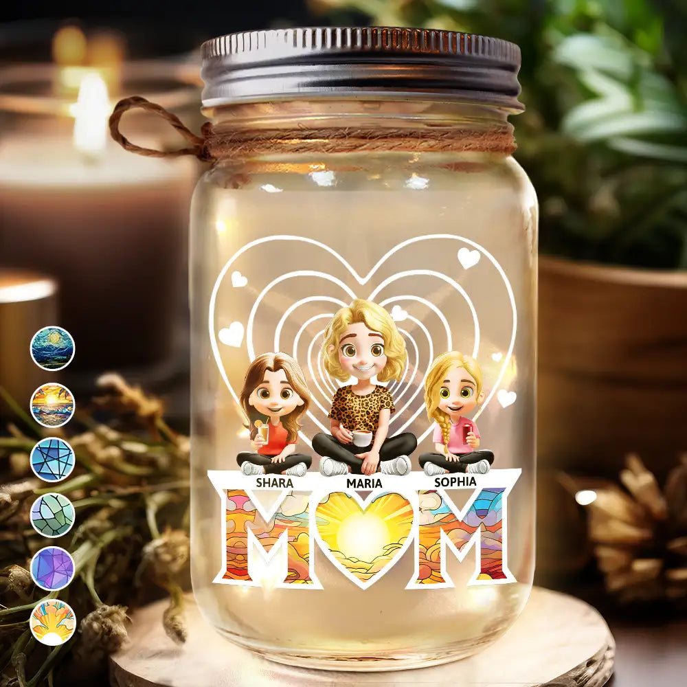 Young Mother Daughter Son We Love You Mom 3D Cartoon - Personalized Mason Jar Light