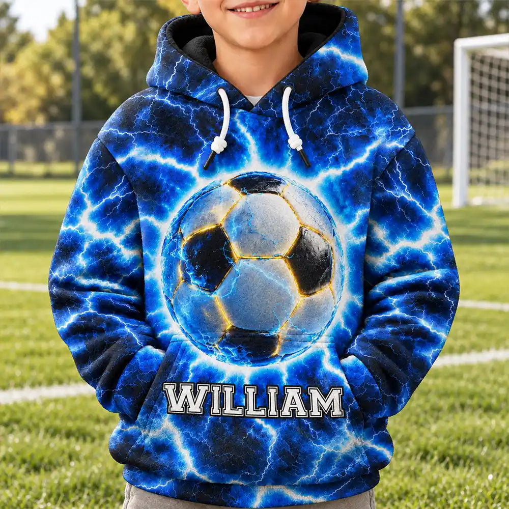 Youth Athlete Gift For Boys - Personalized Fire And Lightning Sports Ball Fleece Hoodie