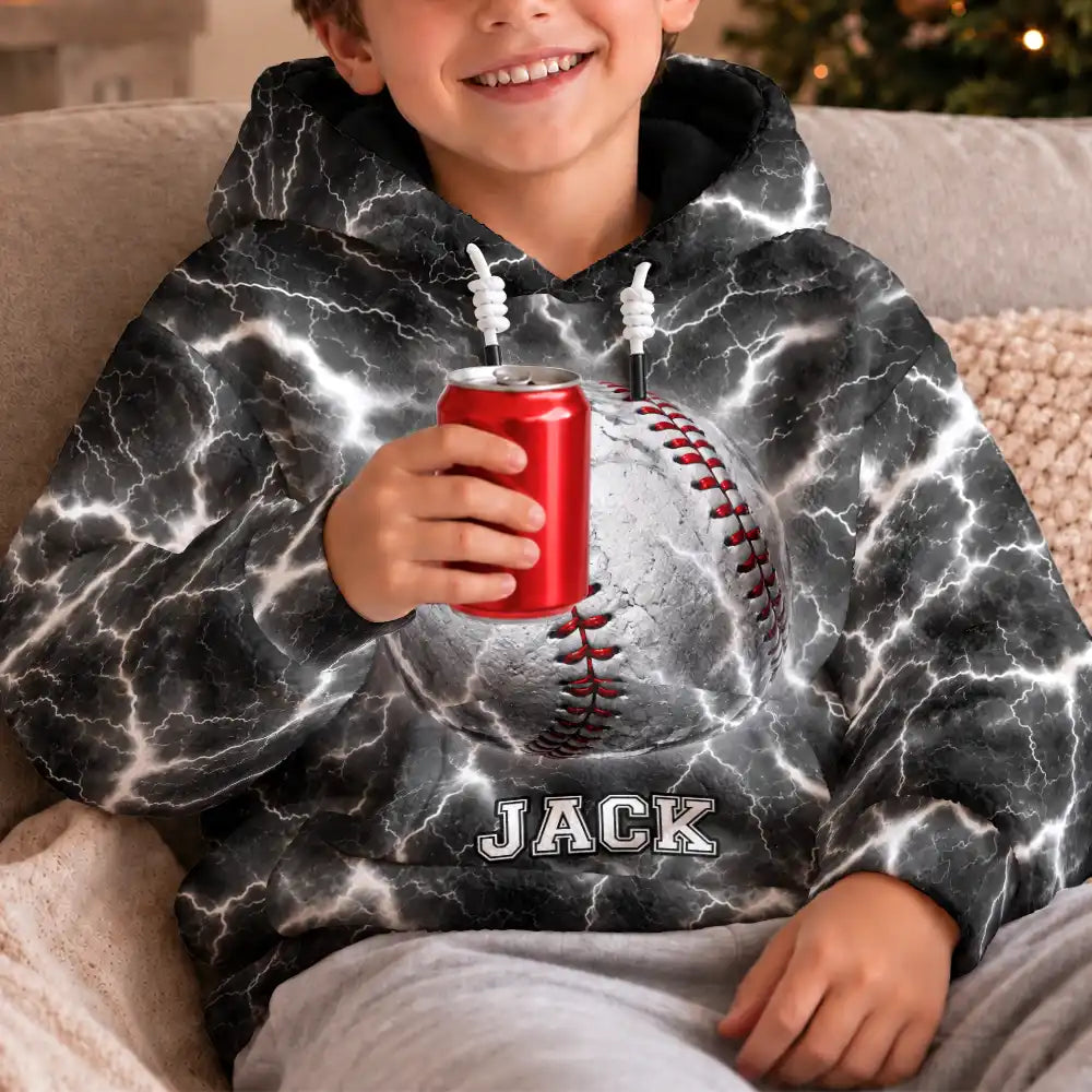Football (Soccer),Gift For Kids,Happy,Icon,Top Market - Youth Athlete Gift For Boys - Personalized Fire And Lightning Sports Ball Fleece Hoodie