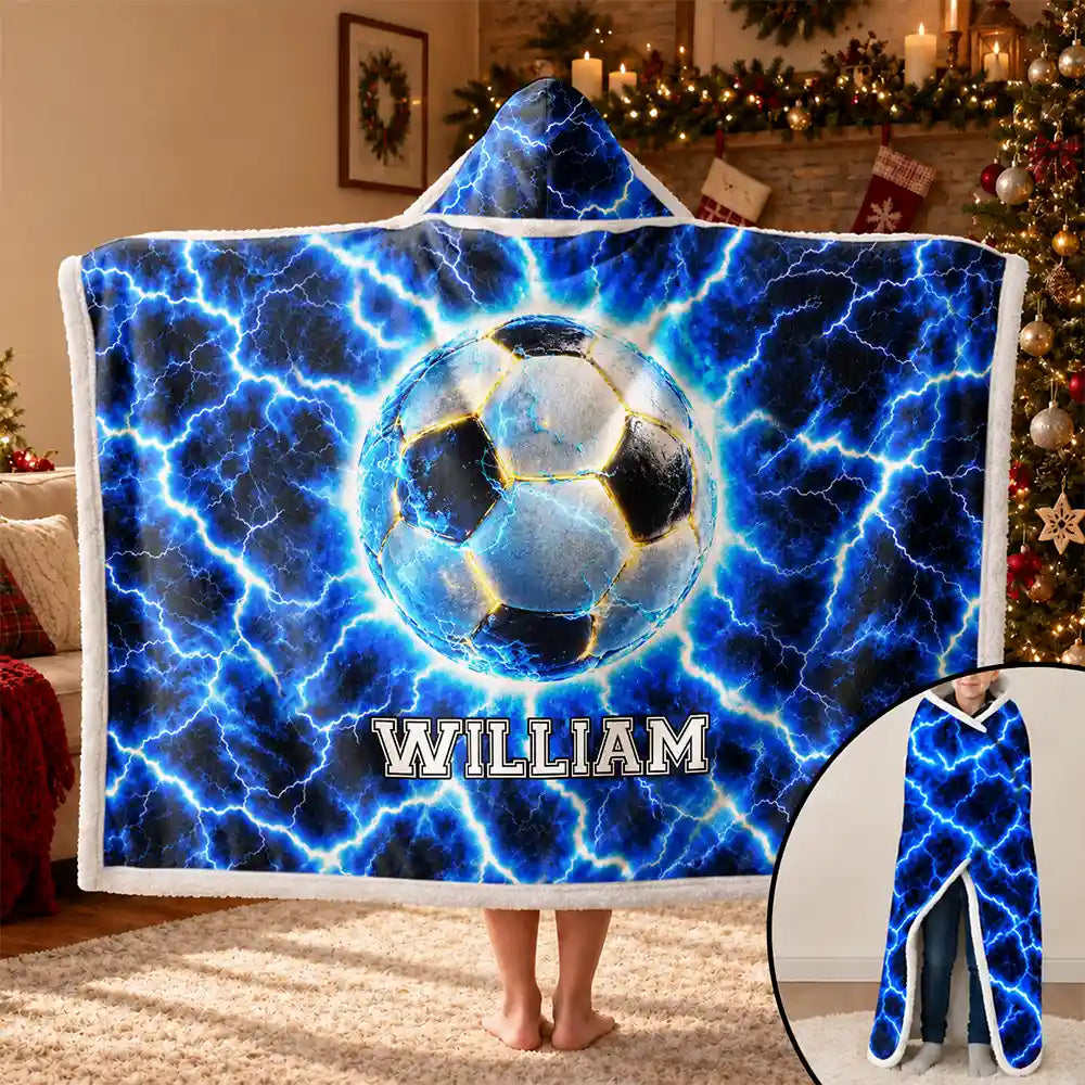Youth Athlete Gift For Boys - Personalized Fire And Lightning Sports Ball Wearable Hooded Blanket