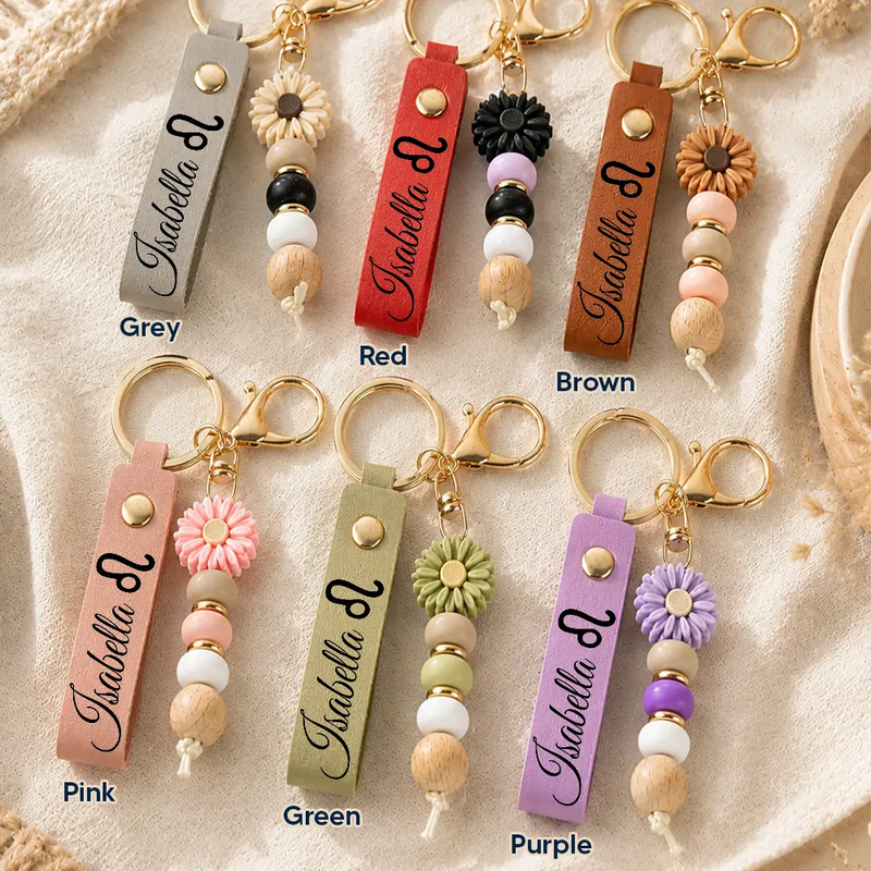 Gift For Yourself,Gift For Women,Adorable,Icon- Zodiac Signs With Name - Personalized Leather Beaded Keychain