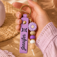 Gift For Yourself,Gift For Women,Adorable,Icon- Zodiac Signs With Name - Personalized Leather Beaded Keychain