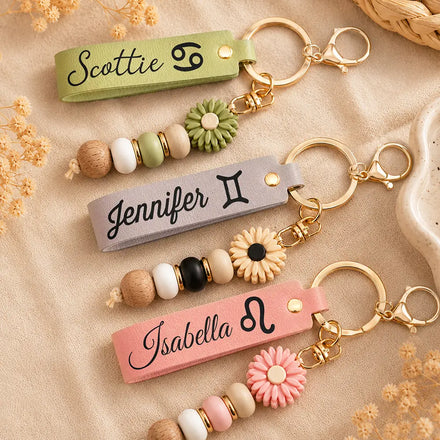 Zodiac Signs With Name - Personalized Leather Beaded Keychain